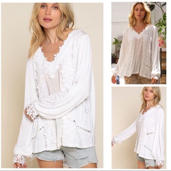 FLORAL Embroidery Woven V Neck Blouse in Ivory - Picture 1 of 11